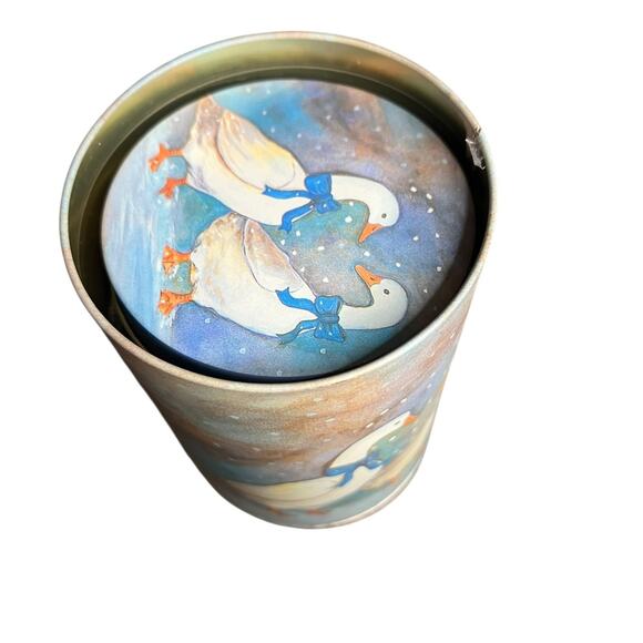 3 Pc Set Tin Nesting Canisters Christmas Winter Goose Ducks Blue Ribbons - Picture 10 of 11